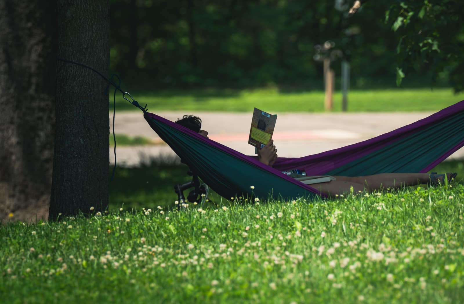 Person relaxing and reading in a hammock